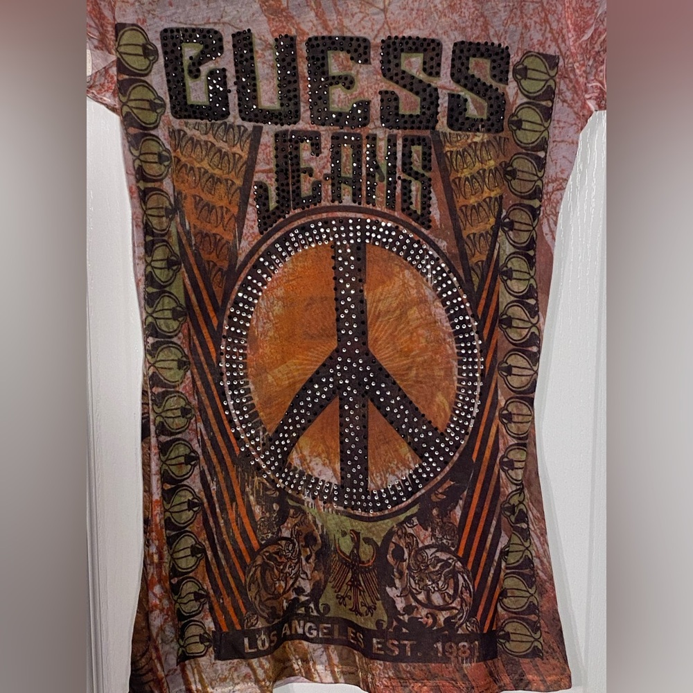 Y2K Guess Crystal Peace Sign Semi Sheer Tee USA MADE Medium - Picture 3 of 5